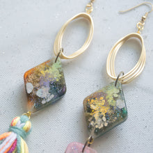 Load image into Gallery viewer, Asymmetrical Gold Twirly shapes with Tassels - Psychedelic Infinity Earrings