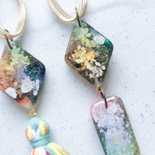 Load image into Gallery viewer, Asymmetrical Gold Twirly shapes with Tassels - Psychedelic Infinity Earrings