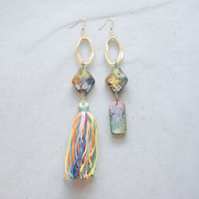 Load image into Gallery viewer, Asymmetrical Gold Twirly shapes with Tassels - Psychedelic Infinity Earrings